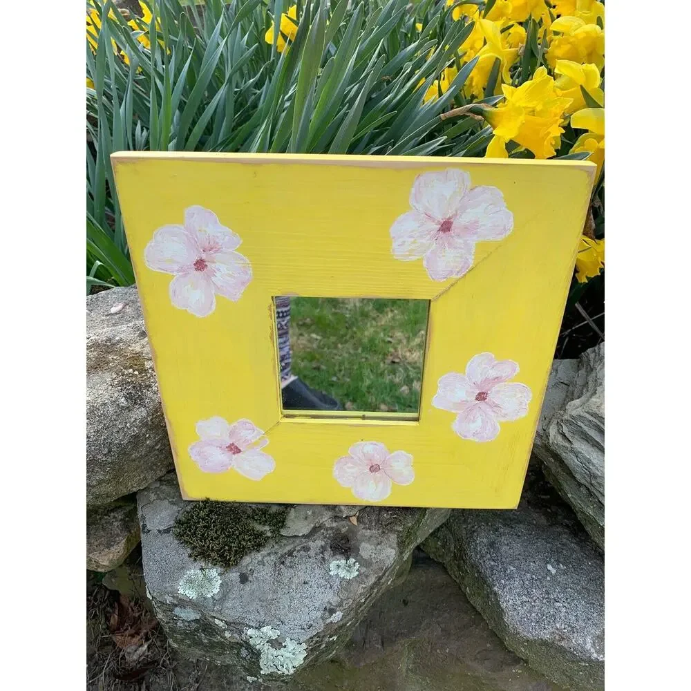 Handpainted ReFab Mirror Wall 10 x 10 Yellow with Dogwood Flowers Wall Hanging